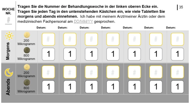 Das Bild zeigt einen Einnahmeplan, der vom Patienten ausgefüllt werden kann.