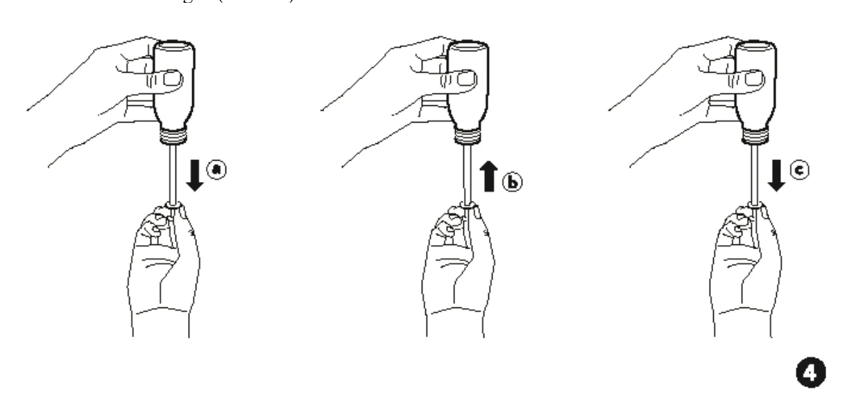Die Flasche wird mit der einen Hand über Kopf gedreht. Die andere Hand zieht die Spritze einmal vollständig auf und drückt den Kolben danach einmal vollständig wieder nach oben, um Luftblasen zu entfernen. Danach wird die Spritze langsam bis zur gewünschten Menge aufgezogen.