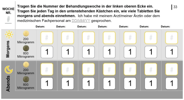 Das Bild zeigt einen Einnahmeplan, der vom Patienten ausgefüllt werden kann.