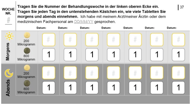 Das Bild zeigt einen Einnahmeplan, der vom Patienten ausgefüllt werden kann.