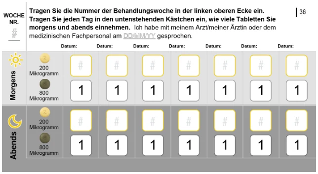 Das Bild zeigt einen Einnahmeplan, der vom Patienten ausgefüllt werden kann.