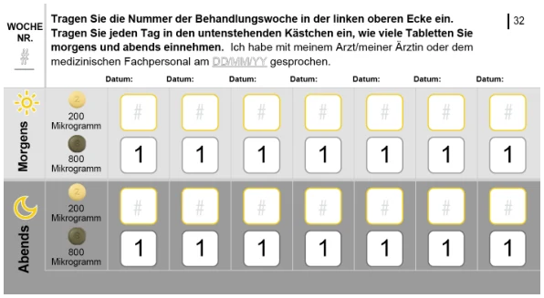 Das Bild zeigt einen Einnahmeplan, der vom Patienten ausgefüllt werden kann.